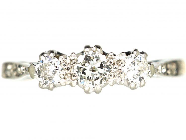 Art Deco 18ct Gold & Platinum, Three Stone Diamond Ring with Diamond Set Shoulders