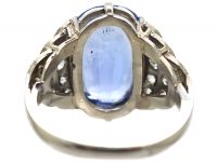 Art Deco 18ct White Gold, Large Ceylon Sapphire Ring with Old Mine Cut Stepped Shoulders