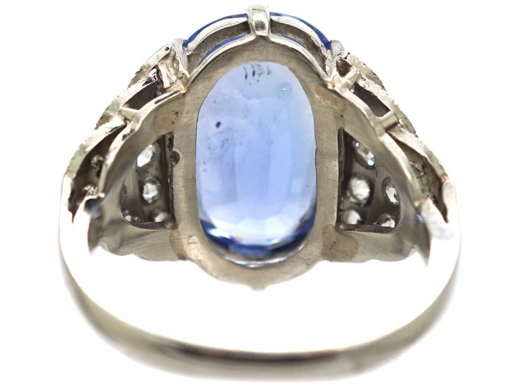 Art Deco 18ct White Gold, Large Ceylon Sapphire Ring with Old Mine Cut Stepped Shoulders