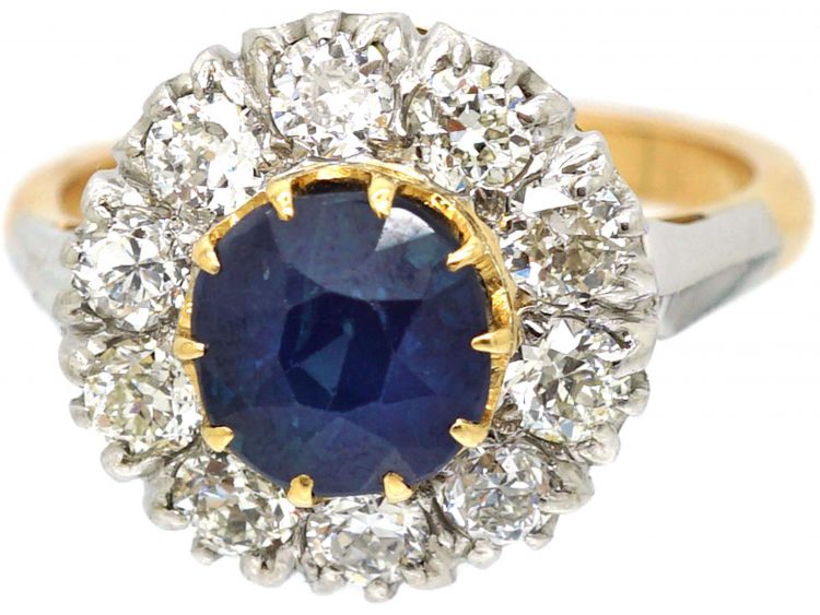 Retro 18ct White & Yellow Gold, Large Sapphire & Diamond Cluster Ring