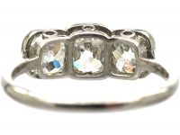 Art Deco Platinum, Large Three Stone Cushion Cut Diamond Ring