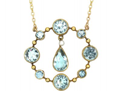 Art Deco 15ct Gold Aquamarine Pendant on 9ct Gold Chain