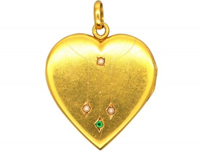 Edwardian 18ct Gold Heart Shaped Locket with Green Garnet & Pearl Detail