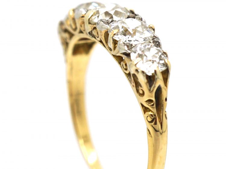 Victorian 18ct Gold Five Stone Diamond Carved Half Hoop Ring with Diamond Points