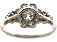 Edwardian 18ct White Gold, Diamond Daisy Cluster Ring with Triple Diamond Set Shoulders