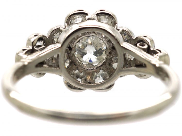 Edwardian 18ct White Gold, Diamond Daisy Cluster Ring with Triple Diamond Set Shoulders
