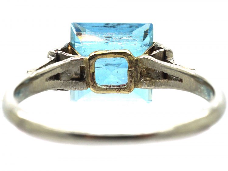 Art Deco Platinum, Baguette Diamond and Square Cut Aquamarine Ring