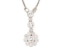 Edwardian 18ct White Gold Diamond Cluster Drop Pendant on Chain