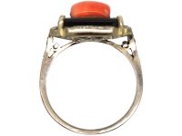 Art Deco 18ct White Gold Coral, Onyx and Diamond Ring