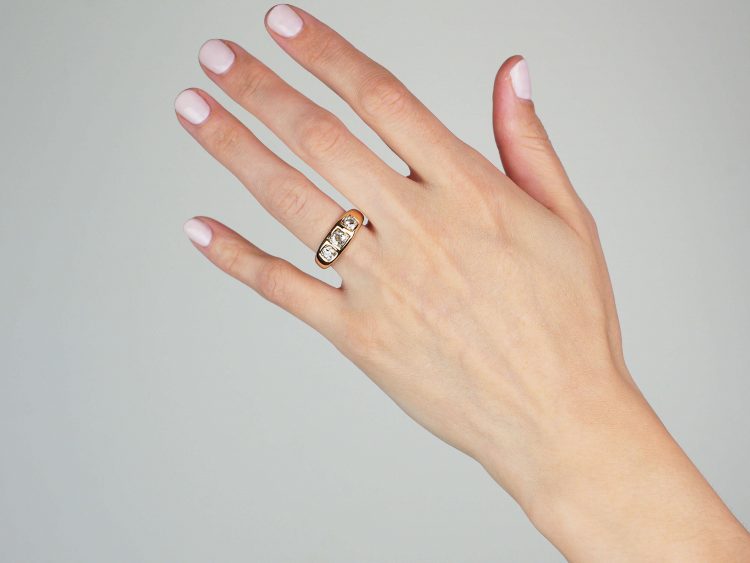 Edwardian 18ct Gold Three Stone Diamond Ring with Square Design Settings