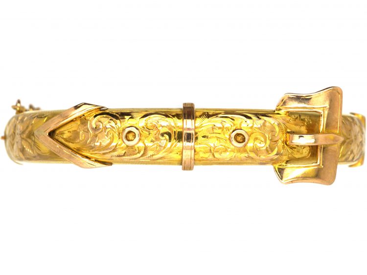 9ct Gold Buckle Bangle with Engraved Flower & Detail Assayed in 1918