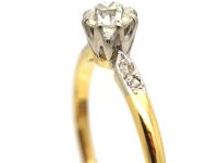 Art Deco 18ct Gold & Platinum, Diamond Solitaire Ring with Diamond Set Shoulders