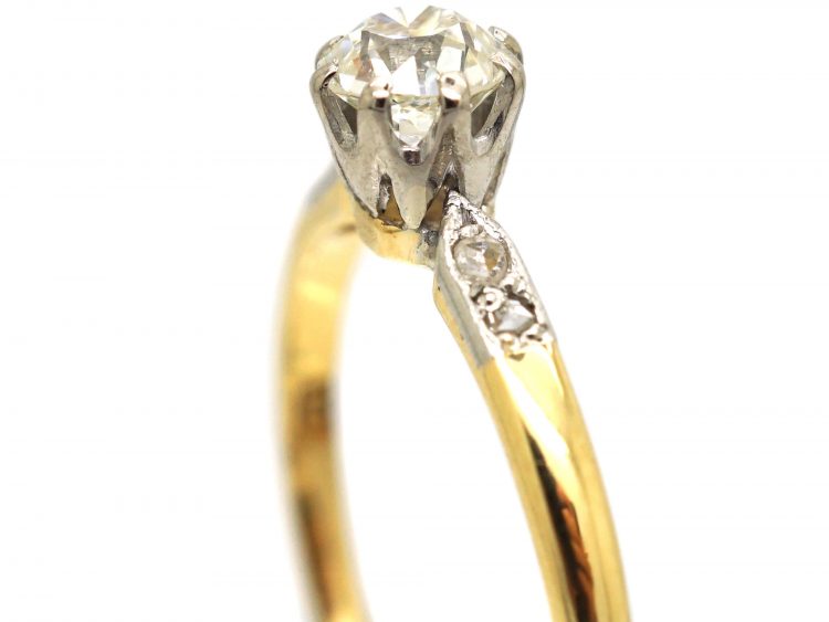 Art Deco 18ct Gold & Platinum, Diamond Solitaire Ring with Diamond Set Shoulders