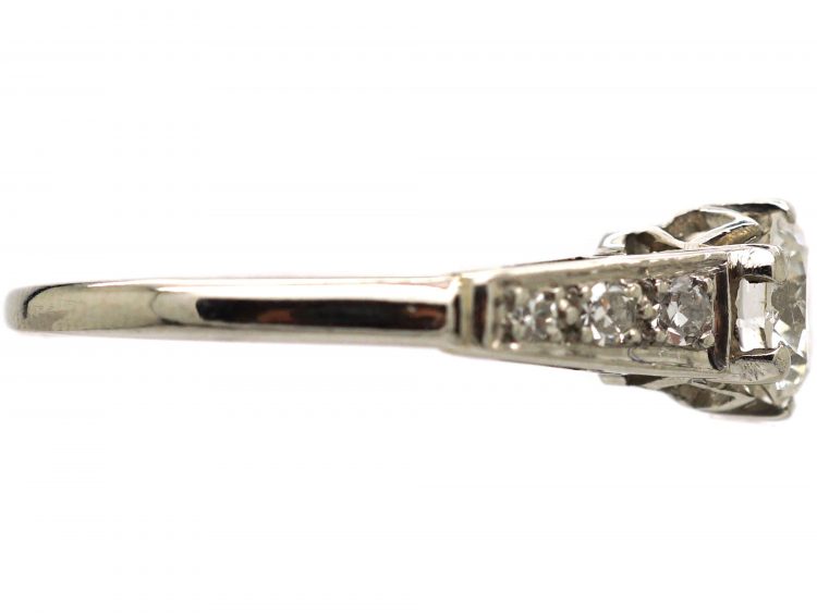 Art Deco Platinum, Diamond Solitaire Ring with Diamond Set Shoulders