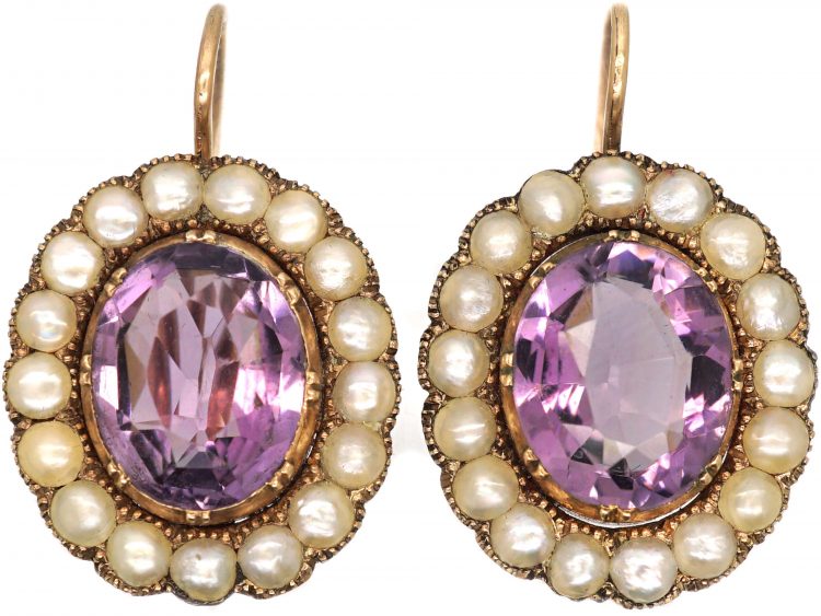 Early Victorian 9ct Gold, Amethyst & Natural Split Pearl Earrings