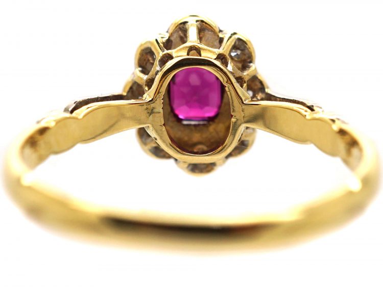 Art Deco 18ct Gold & Platinum, Ruby & Diamond Cluster Ring with Platinum Shoulders