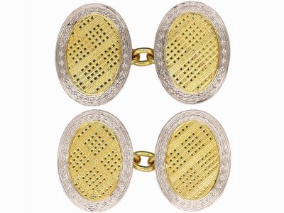 Art Deco 18ct Gold & Platinum Oval Shaped Cufflinks with Tartan Motif