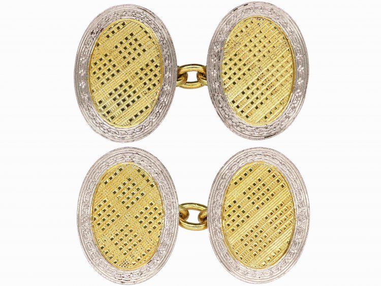 Art Deco 18ct Gold & Platinum Oval Shaped Cufflinks with Tartan Motif