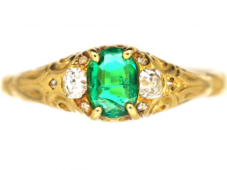 Victorian 18ct Gold, Emerald & Diamond Ring with Rose Diamond Detail