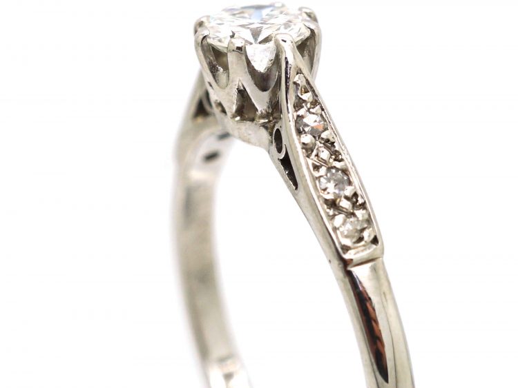 Art Deco 18ct White Gold Diamond Solitaire Ring with Diamond Set Shoulders