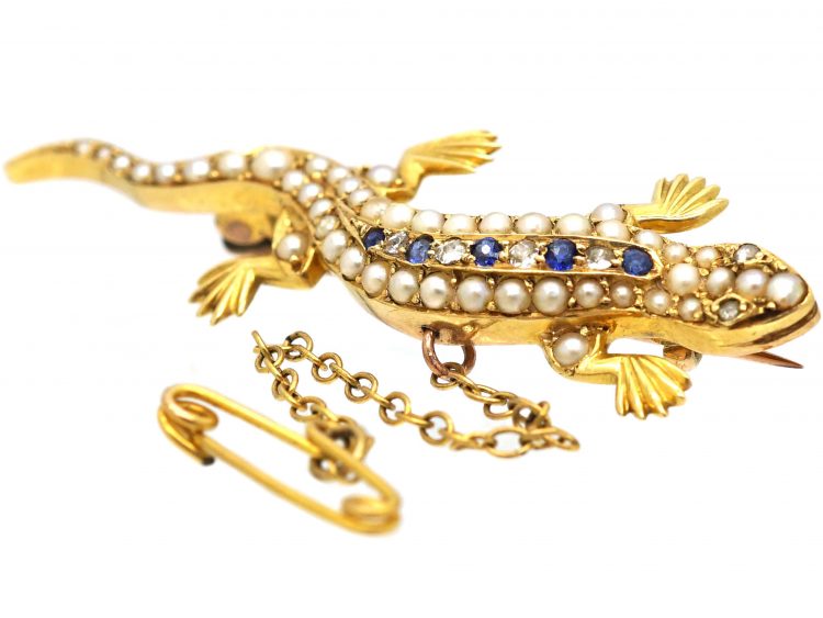 Edwardian 15ct Gold, Sapphire, Diamond & Natural Split Pearl Lizard brooch