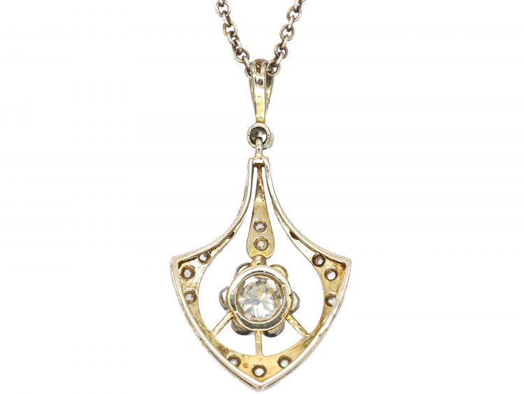 Art Deco 14ct White Gold & Diamond Pendant on Silver Chain