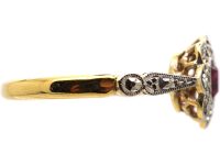 Art Deco 18ct Gold & Platinum, Ruby & Diamond Cluster Ring with Platinum Shoulders