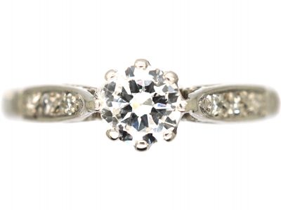 Art Deco 18ct White Gold Diamond Solitaire Ring with Diamond Set Shoulders