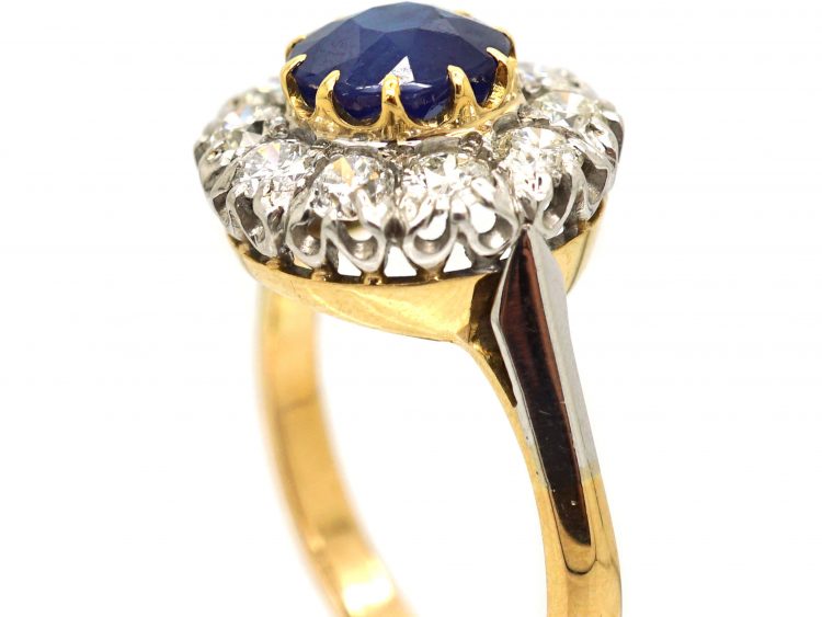 Retro 18ct White & Yellow Gold, Large Sapphire & Diamond Cluster Ring