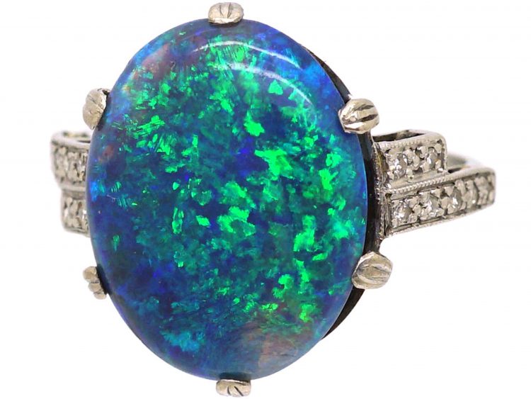 Art Deco Platinum, Black Opal & Diamond Ring
