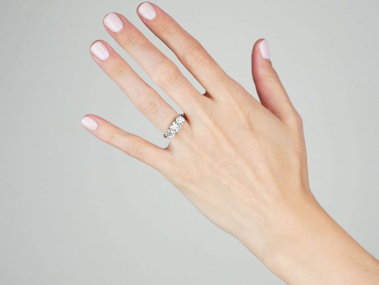 Art Deco Platinum, Large Three Stone Cushion Cut Diamond Ring