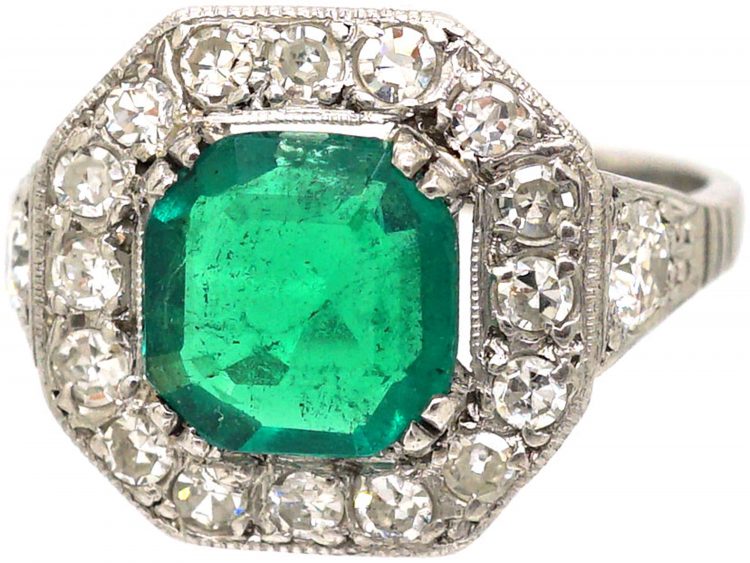 Art Deco 18ct White Gold, Columbian Emerald & Diamond Ring