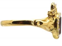Victorian 18ct Gold, Almandine Garnet and Diamond Heart Shaped Ring in the Rococo Style