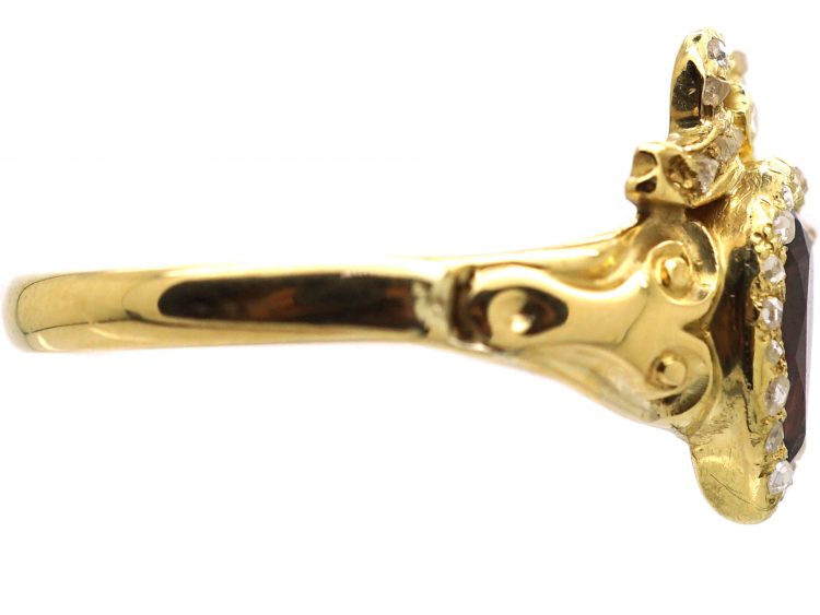 Victorian 18ct Gold, Almandine Garnet and Diamond Heart Shaped Ring in the Rococo Style