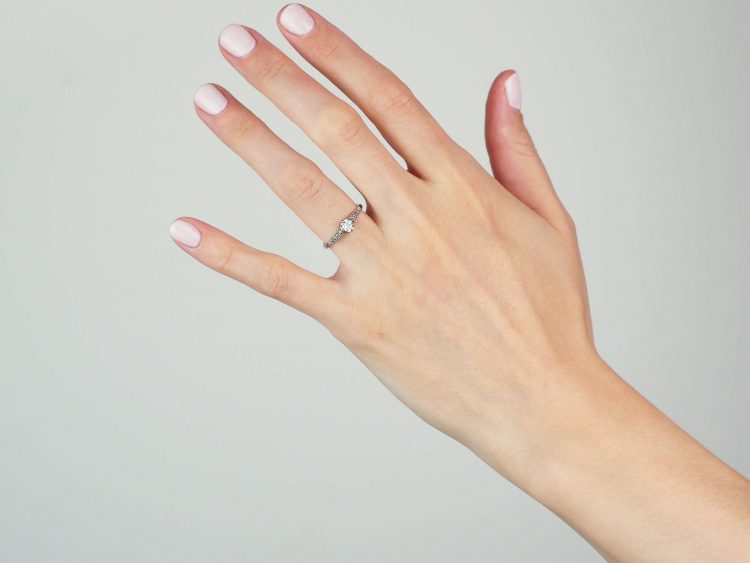 Art Deco Platinum, Diamond Solitaire Ring with Diamond Set Shoulders