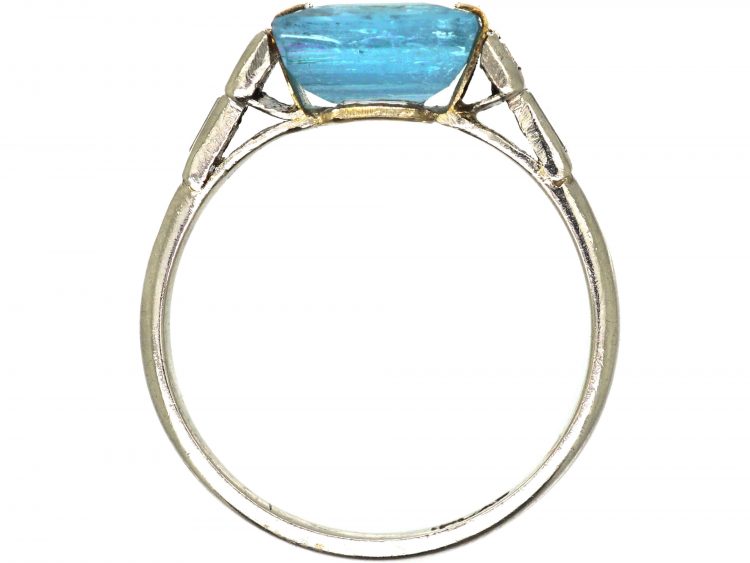Art Deco Platinum, Baguette Diamond and Square Cut Aquamarine Ring