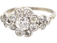 Edwardian 18ct White Gold, Diamond Daisy Cluster Ring with Triple Diamond Set Shoulders