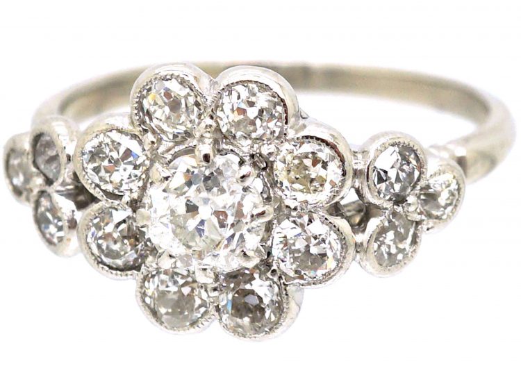 Edwardian 18ct White Gold, Diamond Daisy Cluster Ring with Triple Diamond Set Shoulders
