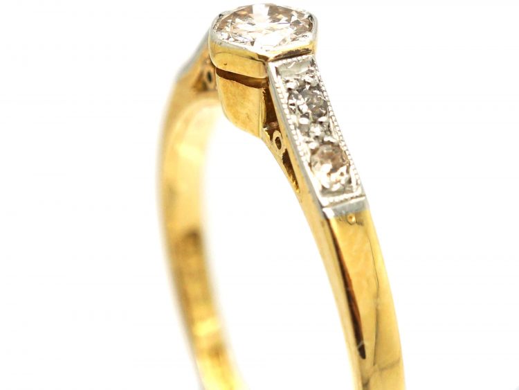 Art Deco 18ct Gold & Platinum Diamond Solitaire Ring with Diamond Set Shoulders