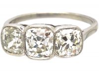 Art Deco Platinum, Large Three Stone Cushion Cut Diamond Ring