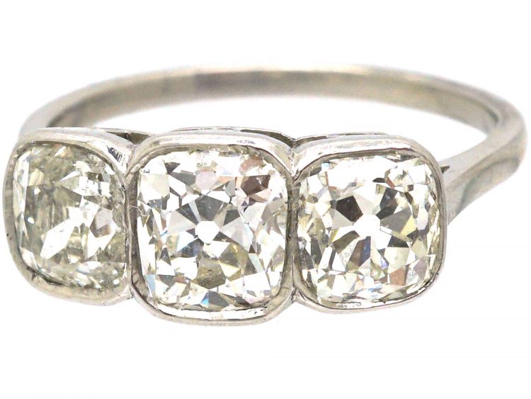 Art Deco Platinum, Large Three Stone Cushion Cut Diamond Ring
