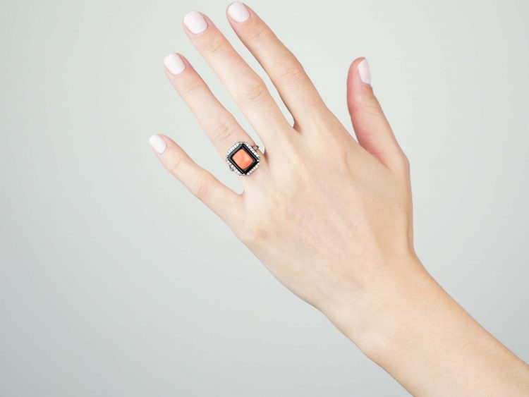 Art Deco 18ct White Gold Coral, Onyx and Diamond Ring