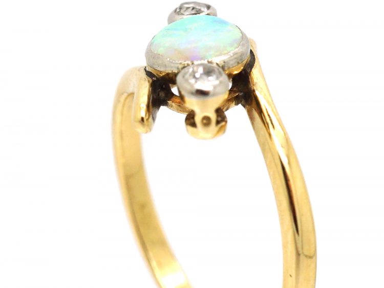 Edwardian 18ct gold & Platinum, Opal & Diamond Three Stone Crossover Ring