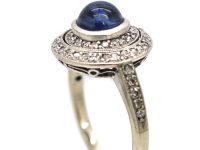 Art Deco Platinum, Cabochon Sapphire & Two Circle Diamond Ring