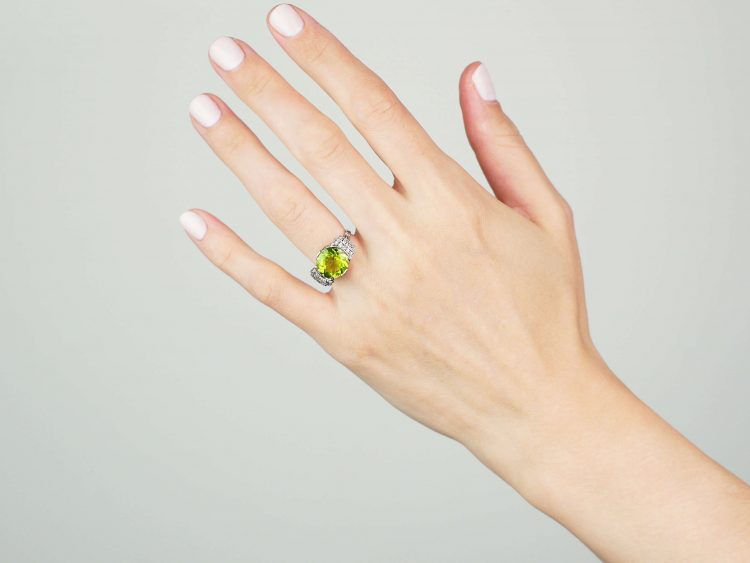 French Art Deco Platinum, Peridot & Diamond Ring