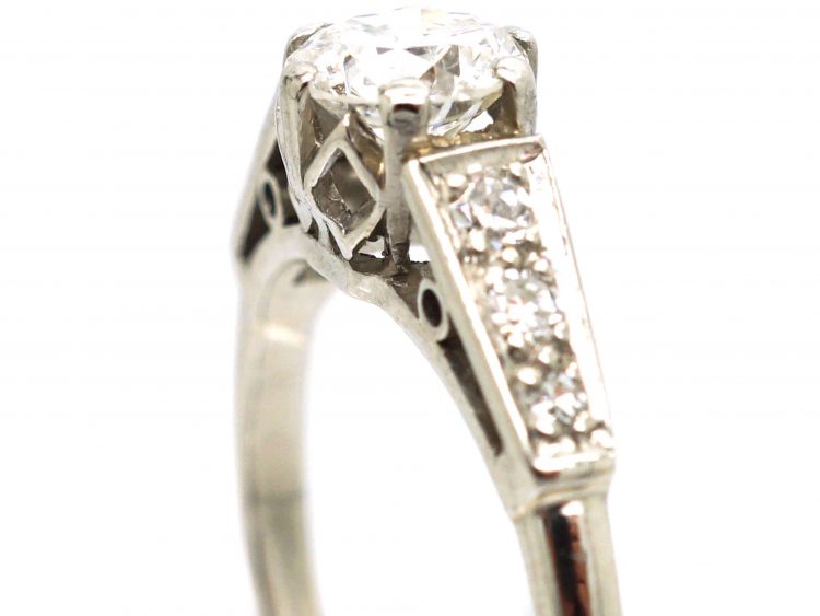 Art Deco Platinum, Diamond Solitaire Ring with Diamond Set Shoulders