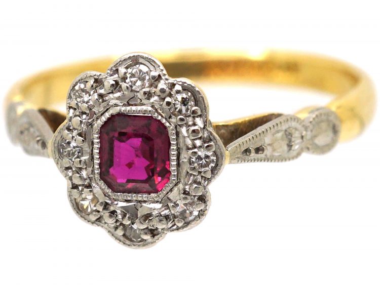 Art Deco 18ct Gold & Platinum, Ruby & Diamond Cluster Ring with Platinum Shoulders