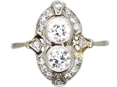 Art Deco 18ct Gold & Platinum, Two Stone Diamond Ornate Ring