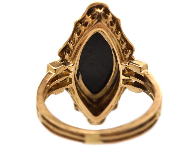 Victorian 18ct Gold Forget Me Not Ring set with Onyx & Natural Split Pearls