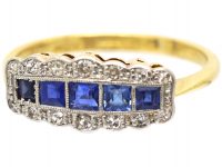 Art Deco 18ct Gold & Platinum, Five Stone Sapphire & Diamond Ring